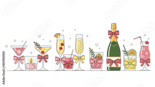 Festive Drinks and Celebration Elements: Champagne, Cocktails, and Candle with Ribbons