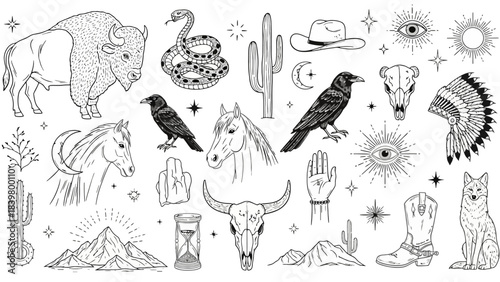 Mystical Western Elements: Animals, Symbols, and Landscapes in Vector Art
