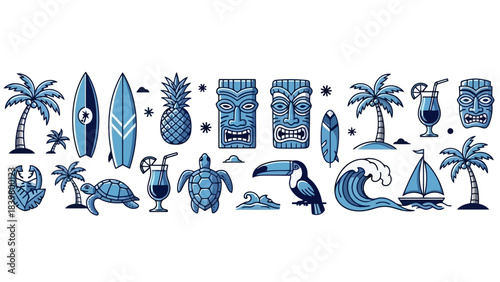 Tropical Hawaiian Tiki and Surfboard Collection with Palm Trees, Toucan, and Ocean Waves