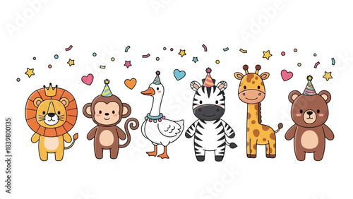 Cute Cartoon Animals Celebrating at a Party with Confetti and Hats