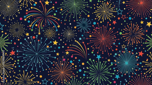 Celestial Fireworks Display: A vibrant, festive pattern of fireworks bursts against a deep night sky, illuminating a sense of celebration and joy.