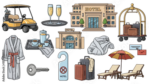 Hotel and Travel Icons: Illustrations of Amenities, Luggage, and Relaxation for Hospitality