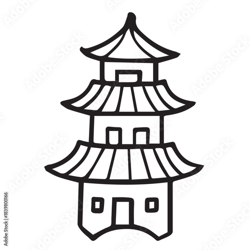 A simple vector illustration of a traditional pagoda building with clean lines, layered roofs, and a calm minimalist style that highlights its iconic shape in a serene composition peacefully