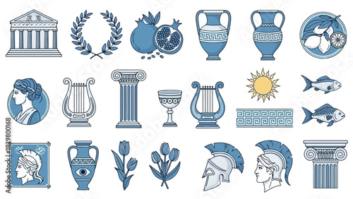 Ancient Greek Icons: Temples, Vases, Helmets, and Lyres, Blue and White