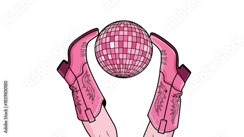 Pink Disco Ball Held by Western Cowboy Boots with Decorative Stitching