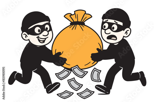 A cartoon vector shows two clever thieves sneaking through a dim alley, each struggling to carry an oversized sack stuffed with cash, their masked faces glowing with mischievous excitement.