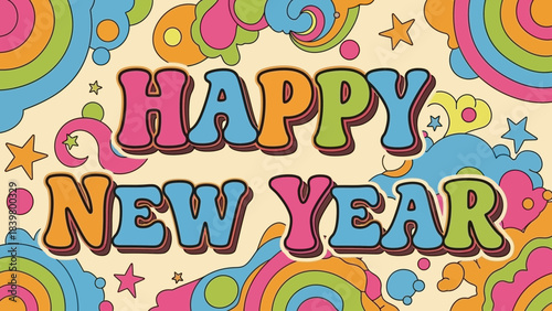 Happy New Year: A colorful and vibrant graphic celebrating the dawn of a new year, showcasing a retro design style with swirling patterns and cheerful text.