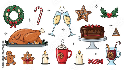 Christmas Holiday Dinner and Celebration Vector Elements Collection