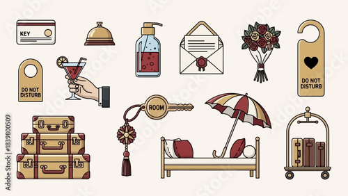 Collection of Hotel Service Icons: Luggage, Drinks, and Amenities on a Light Background