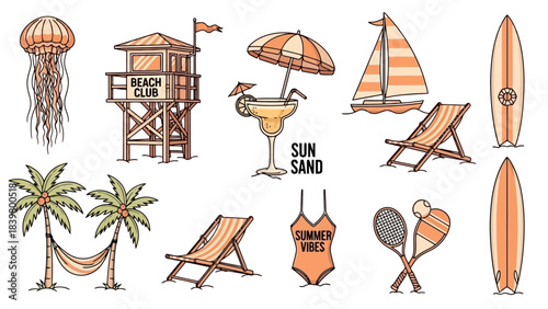 Summer Beach Icons: Jellyfish, Lifeguard Tower, Cocktail, Sailboat, Surfboards, Hammock, Chair