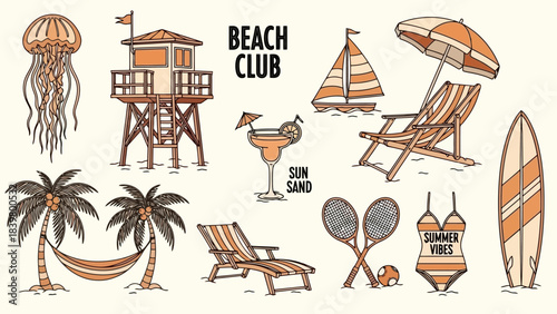 Summer Beach Club Lifestyle Collection: Palm Trees, Surfboard, Hammock, Lifeguard Tower