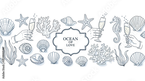 Ocean of Love: Romantic Marine Life, Shells, and Champagne Celebration Vector Art