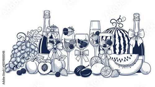 Elegant Assortment of Fruits, Berries, and Champagne Bottles with Glasses