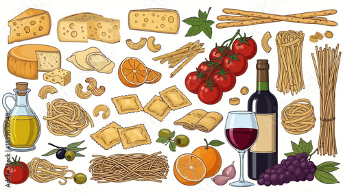 Italian Food and Drink Assortment: Cheese, Pasta, Tomatoes, Wine, and Olives
