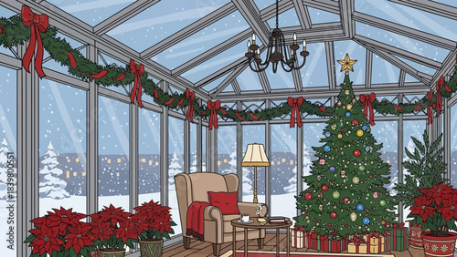 Cozy Christmas Conservatory: A festive conservatory scene decorated for Christmas, offering warmth and holiday cheer within a bright and inviting space. 