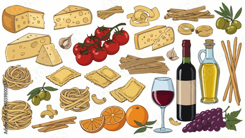 Vibrant Italian Food Assortment: Pasta, Cheese, Wine, Olives, Tomatoes, Oranges and Grapes