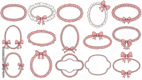Set of Oval and Round Decorative Frames with Pink Ruffles and Bows