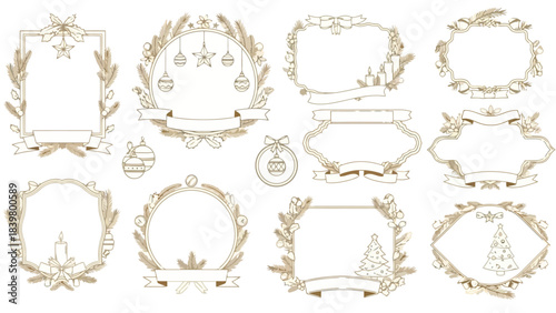 Christmas Decorative Frames and Borders with Ornaments, Pine Cones and Ribbons