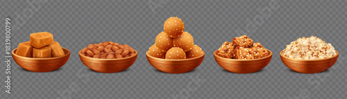 Lohri Traditional Sweets Set – Gur, Peanuts, Laddu, Chikki and Popcorn in Clay Bowls – Isolated Vector Collection