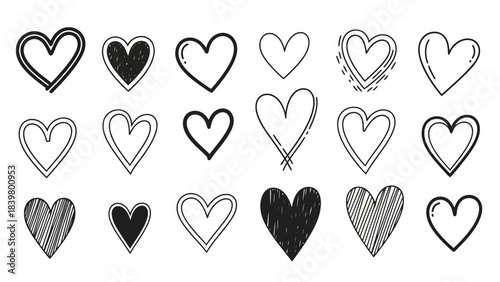 Collection of Diverse Hand-Drawn Heart Icons, Doodle Style for Design