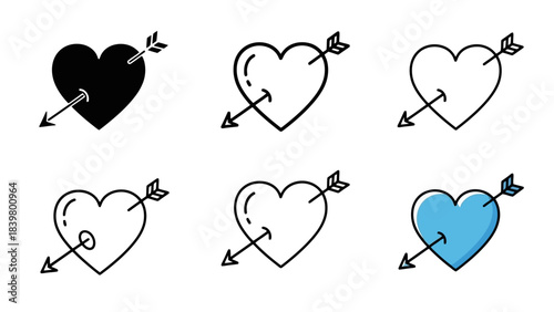 Set of Six Heart Icons with Arrow, Various Styles: Solid, Outline, and Blue