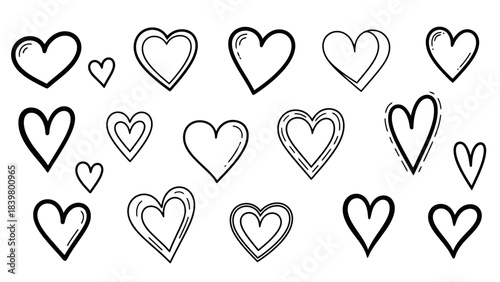 Set of Hand-Drawn Heart Icons, Love Symbols, Valentine's Day Graphics