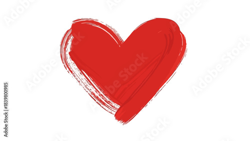 Hand Painted Red Heart Brush Stroke Symbol on White Background, Love Concept
