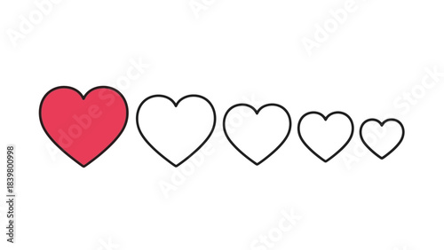 Set of Five Hearts, One Filled Red, Symbolizing Love, Emotion, or Rating System