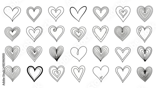 Collection of Hand-Drawn Heart Shapes in Outline Style for Design Elements