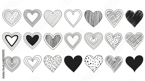 Collection of Hand-Drawn Heart Illustrations with Various Fill Styles