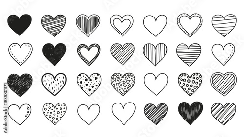Collection of 32 Doodle Heart Illustrations with Various Patterns and Fillings