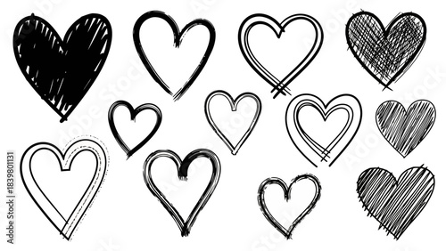 Collection of Hand-Drawn Hearts, Diverse Styles and Textures for Romantic Themes