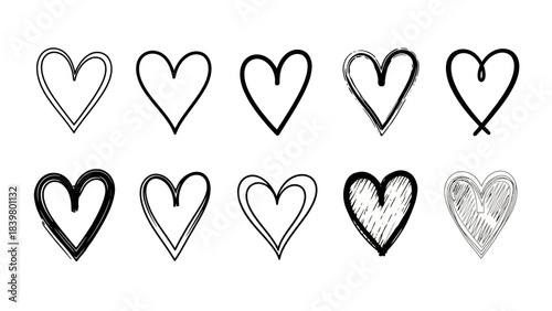 Collection of Hand-Drawn Hearts with Different Styles and Fillings on White