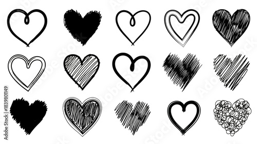 Variety of Hand-Drawn Heart Shapes for Romantic Design and Valentine's Day Themes