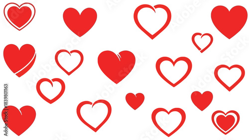 Collection of Assorted Red Hearts Icons on White Background, Romantic Symbols