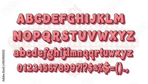 Pink Rounded Font and Numbers Set with Shadows on White Background