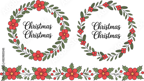 Christmas wreaths and border with red flowers green leaves and berries