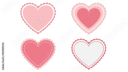 Collection of Four Pink Heart Shapes with Scalloped Edges and Decorative Designs