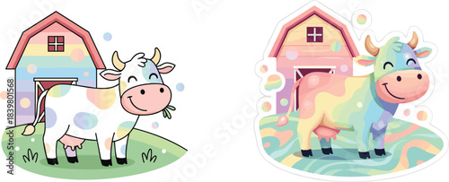 Cute Pastel Rainbow Cow Cartoon Illustration with a Smiling Face and Whimsical Farm Barn Background Vector.