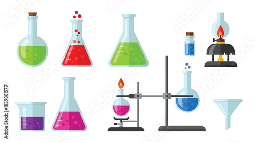 Colorful chemistry glassware and equipment for scientific experiments and laboratory work