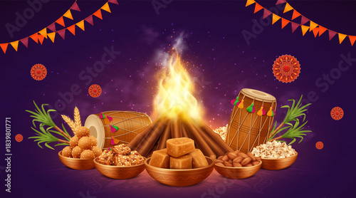 Lohri Night Celebration Background with Bonfire, Dhol, Sweets and Festive Decorations – 3D Vector