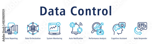Data Control banner presenting Auto Reporting, Data Orchestration, System Monitoring, Auto Notification, Performance Analysis, Cognitive Assistant, and Auto Responder.