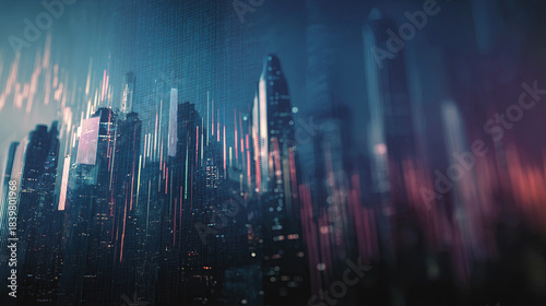 Futuristic city skyline with digital data bars and abstract financial chart lights