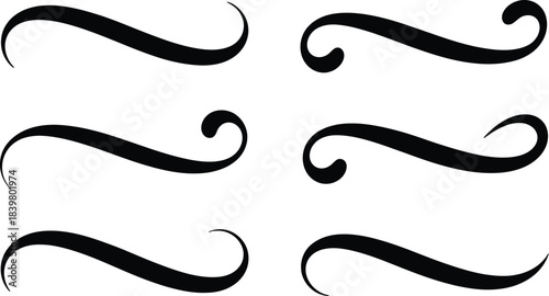 Six black decorative flourishes on white background