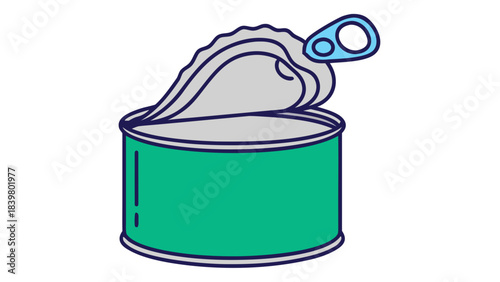 Open Teal Metal Food Can with Blue Pull Tab and Silver Interior on Black Background Simple Illustration Graphic Design