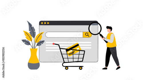 Online Shopping Search Bar with Shopping Cart and Credit Card Magnifying Glass and Person Searching E commerce Concept Illustration