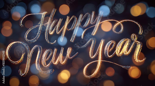 Happy New Year glitter lettering with festive golden bokeh lights on dark background
