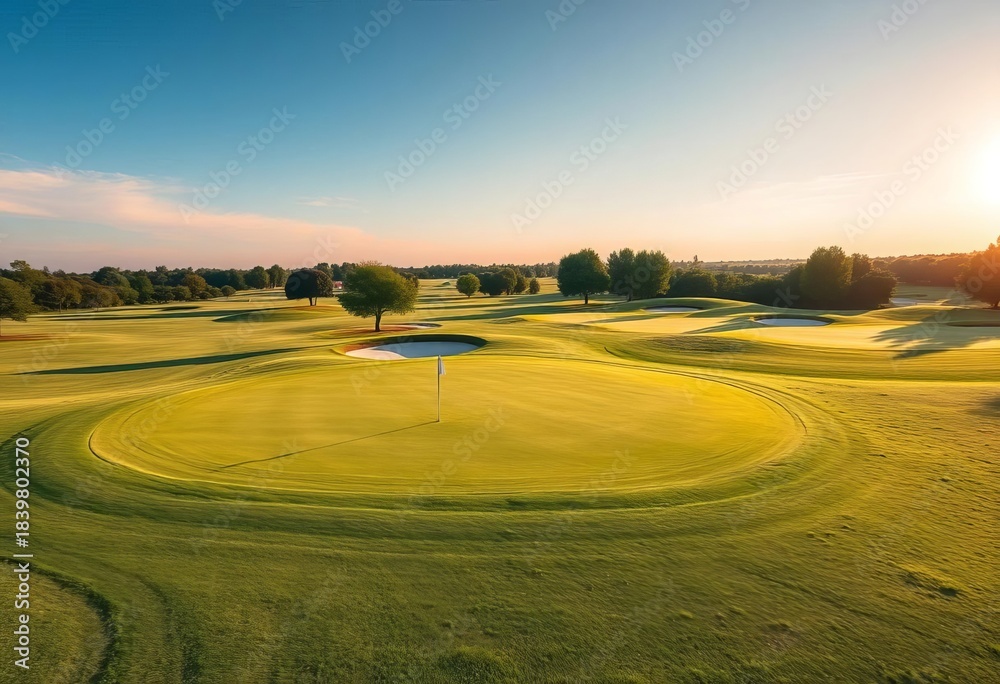 Fototapeta premium Ein weitläufiger, sonnenverwöhnter Golfplatz mit sattgrünen Fairways unter blauem Himmel, ideal für sportliche Landschaftsaufnahmen , idyllisch, sonnig