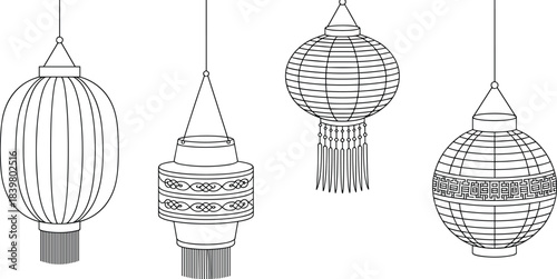 Black and white line drawing of traditional hanging lanterns, decorative festival lamps, Asian cultural designs, outline illustration for holidays and celebrations