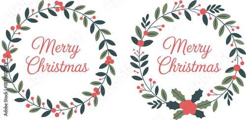 Two Merry Christmas wreaths with berries and leaves